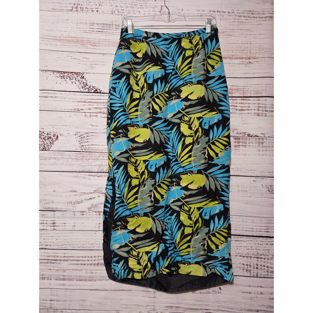 Nygard Collection Tropical Leaf Print Linen Blend Maxi Skirt Blue Green Size 10